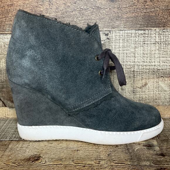 See By Chloe Lea Wedge Booties Gray Suede Sherpa Ankle Boots Booties Size 38 8 - Picture 7 of 11
